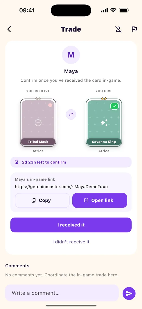 App screenshot: Trade in Coin Master
