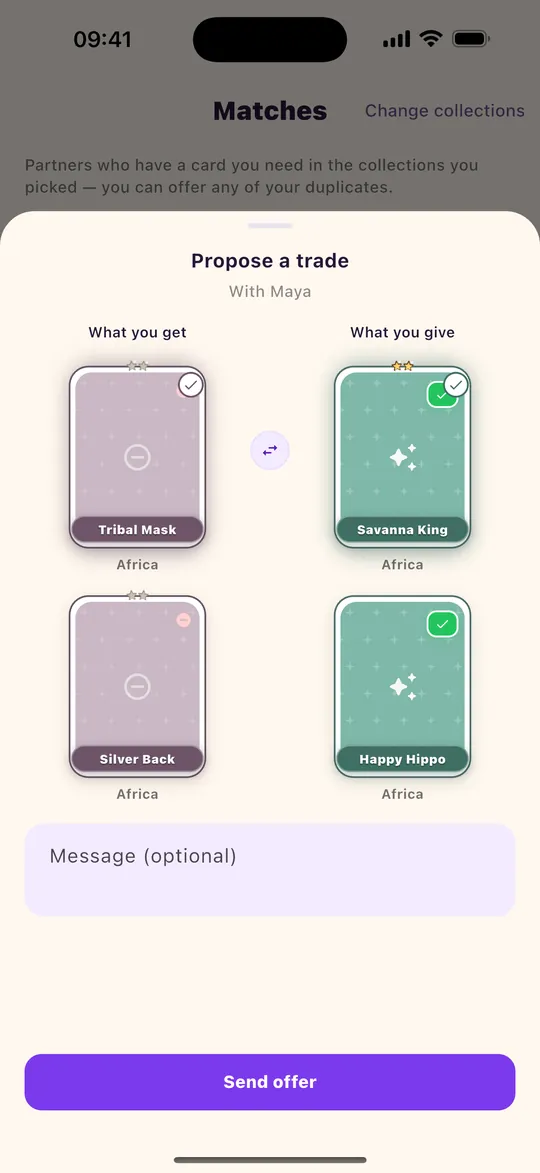 App screenshot: Propose a trade