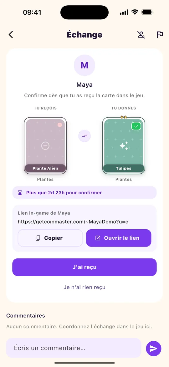 Capture de l’application : Échange dans Coin Master