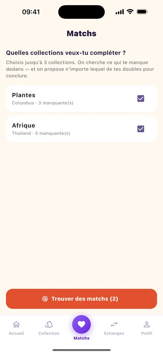 Capture de l’application : Choisis les collections à compléter